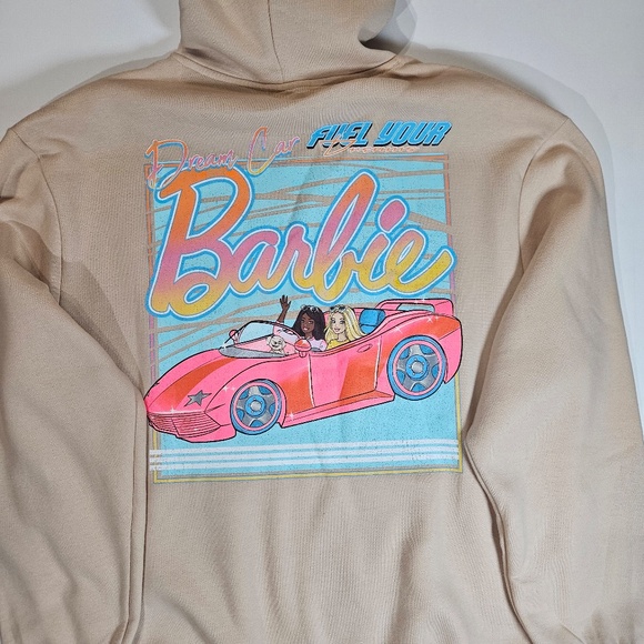 Barbie Hoodie Womens XL Beige Dream Car Graphic Pullover Sweatshirt Front Back - Picture 2 of 7